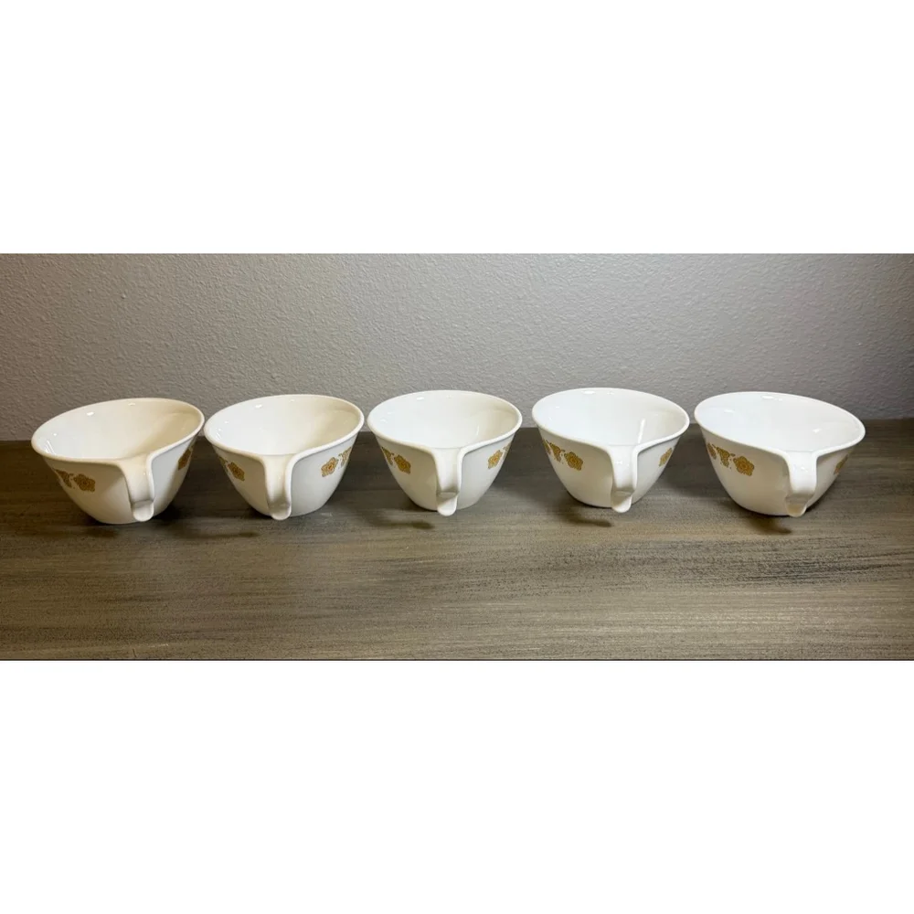 Set of 5 vintage Corelle Butterfly Gold flat cups hook handles by Corning
